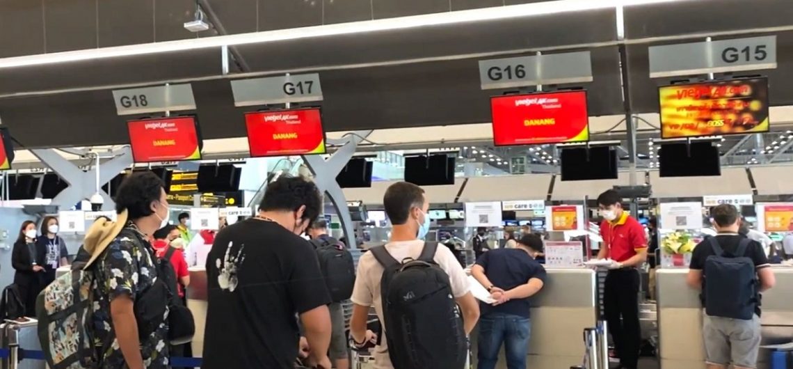 Passengers check in for Vietjet’s flight to Da Nang at Suvarnabhumi International Airport in Thailand