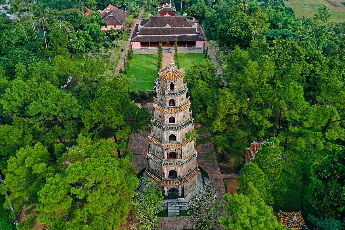 Thien Mu Pagoda is captured from above