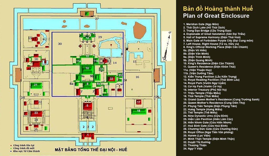 Map of the Hue Imperial City with marked locations of palaces, temples, and historical sites.