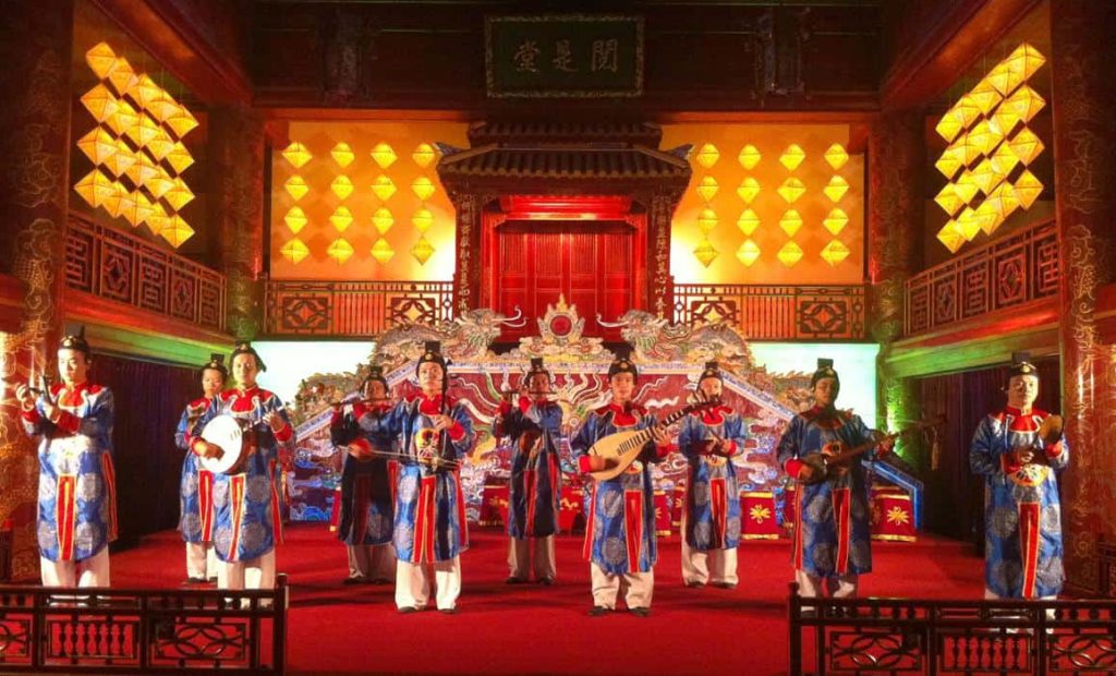 Performers showcasing traditional Royal Court Music at Duyet Thi Duong Theater in the Imperial City of Hue.