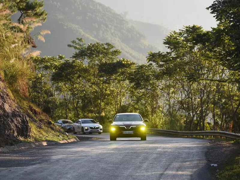 Car driving along the scenic mountain road between Hue and Dong Hoi in Central Vietnam